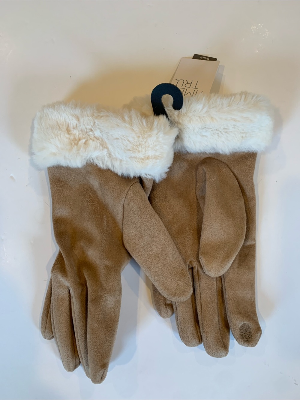 NEW Time and Tru Women’s Faux Suede Gloves Tan Faux Fur Trim Tech Touch L/XL